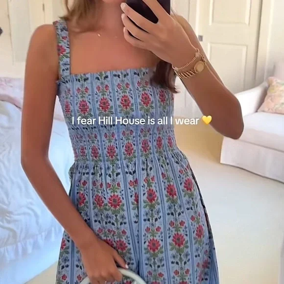 Hill House Anjuli Nap Smocked Cotton Midi Maxi Dress Blue Floral Block Stripe - Picture 10 of 10